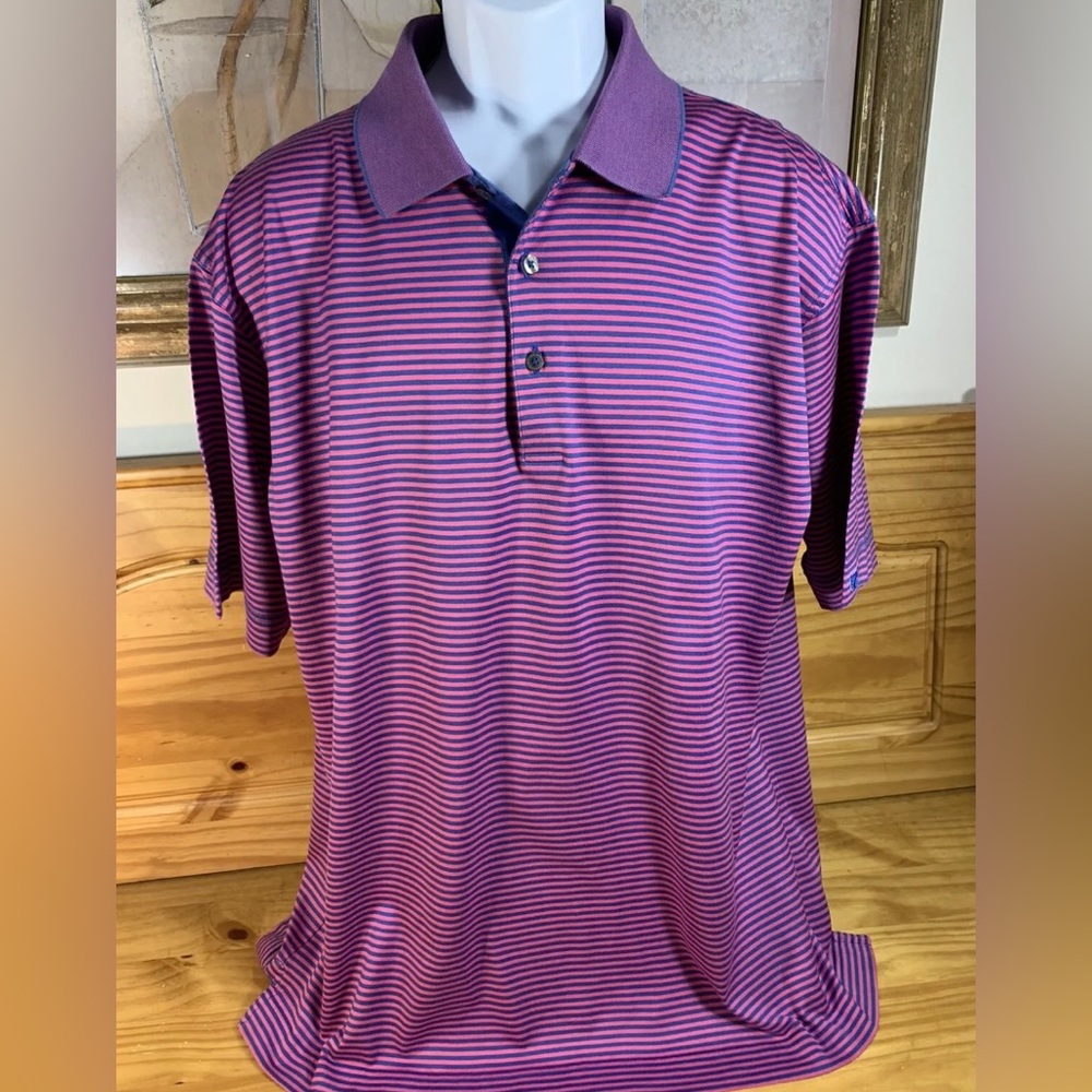 Cutter & Buck Signature Collection Polo Golf Shirt Men's L Blue Pink Striped EUC